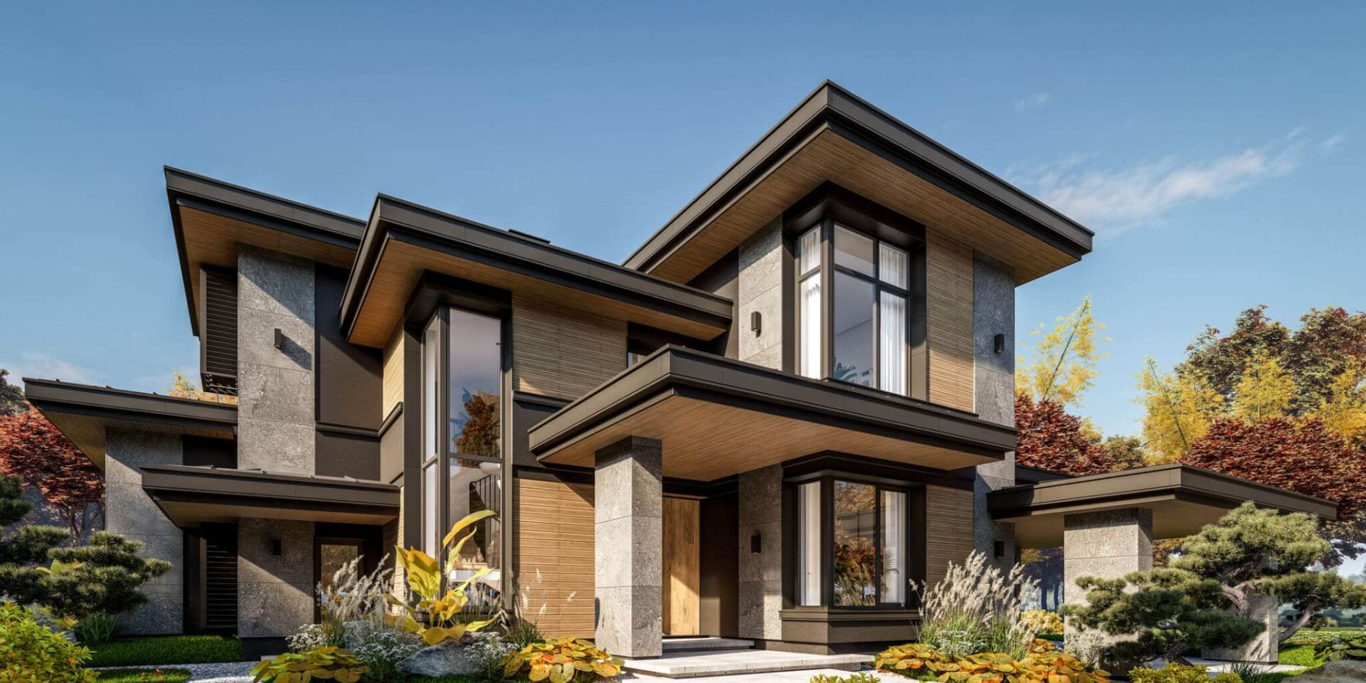 Modern two story house with large windows and stone accents.