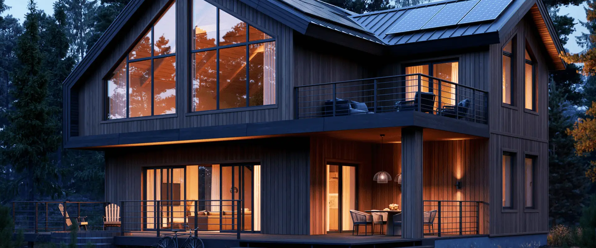 Modern house with large windows glowing warmly at dusk.