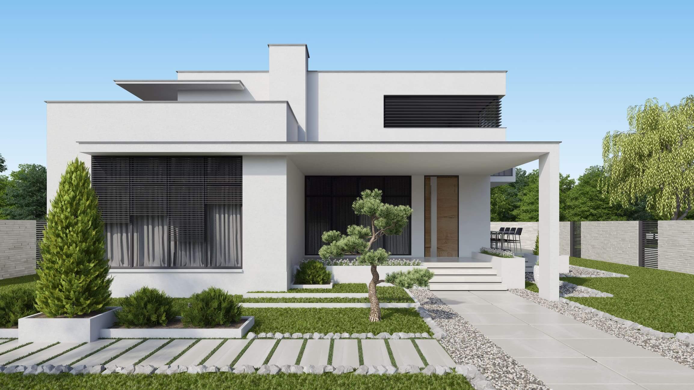 Modern white house with clean lines and minimalist landscaping.