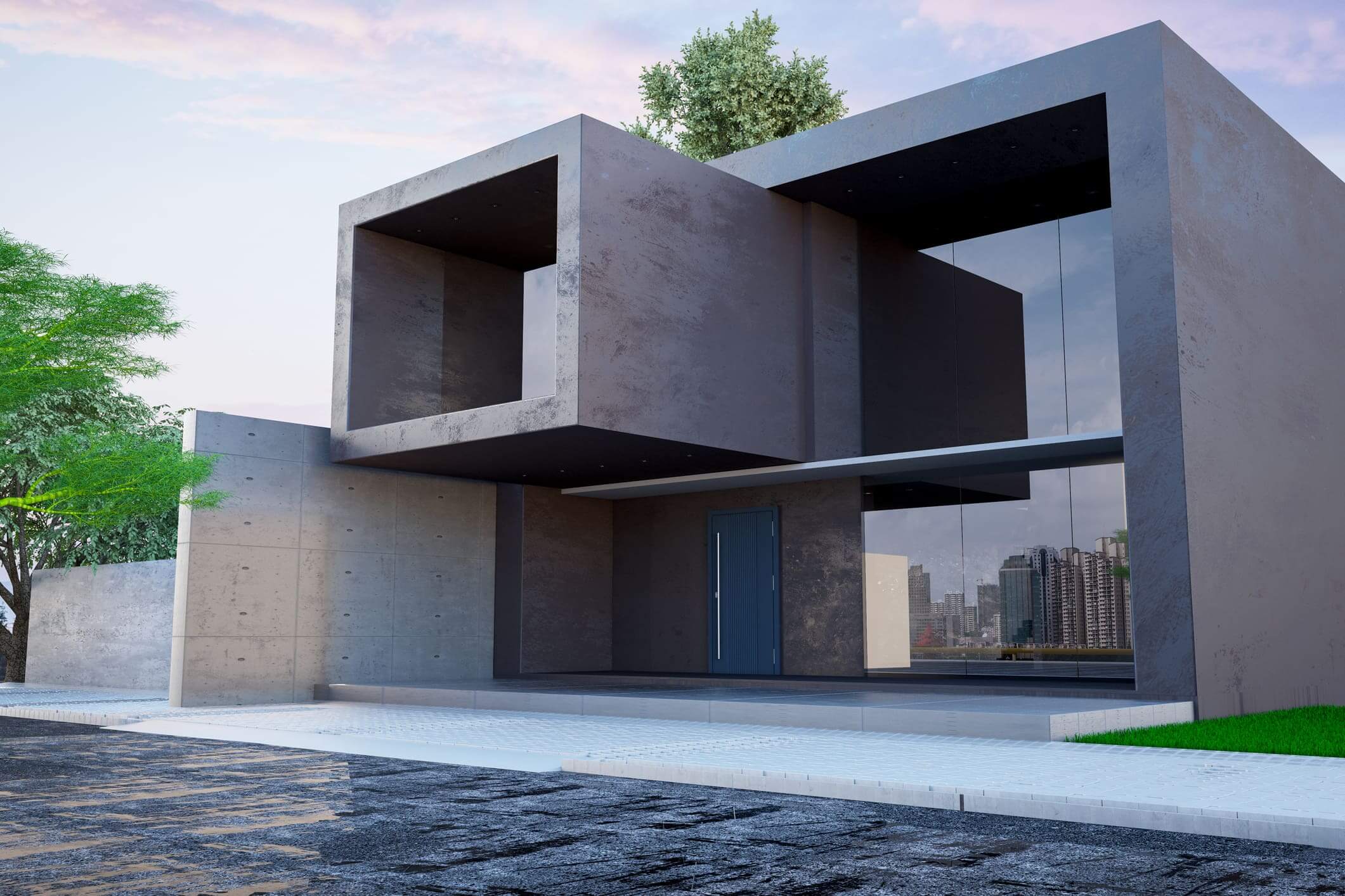 Modern concrete house with cantilevered design and large windows.