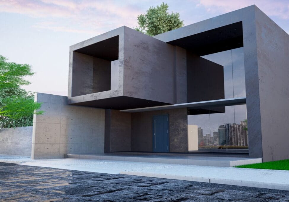 Modern concrete house with cantilevered design and large windows.